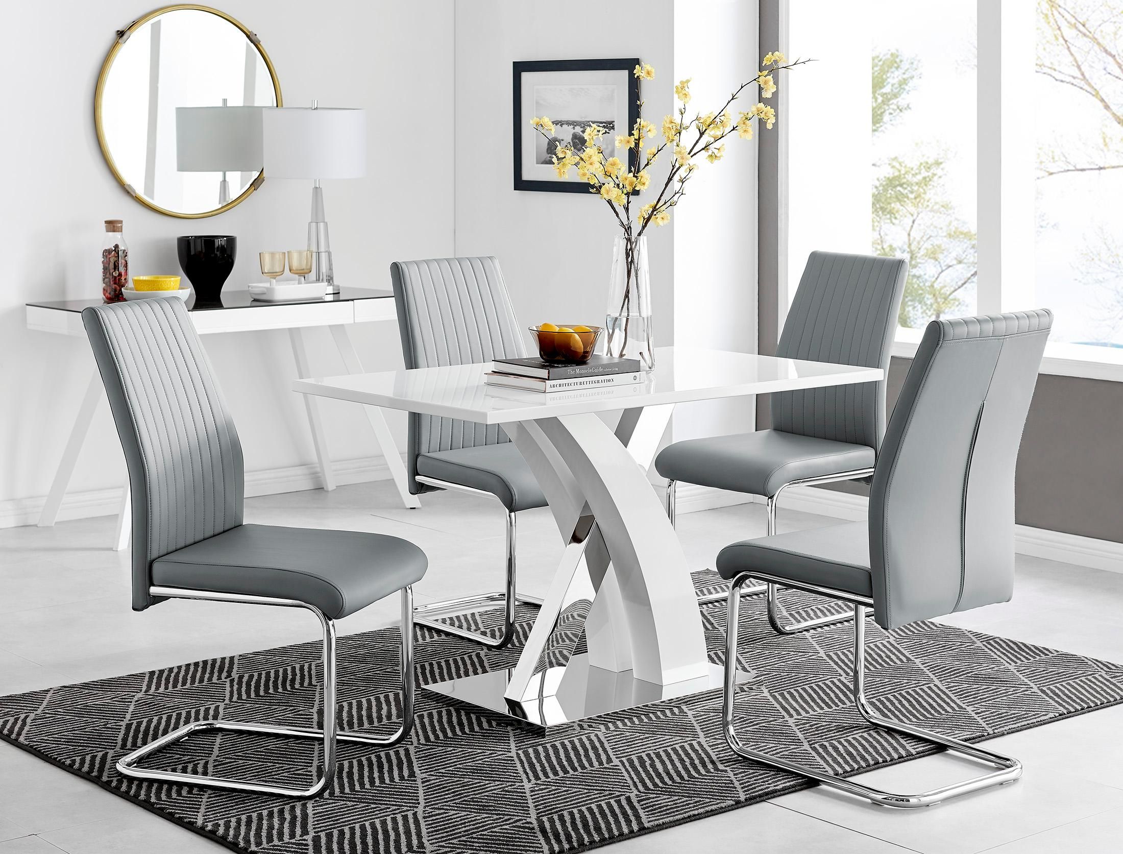 FurnitureboxUK Atlanta White High Gloss & Chrome 4 Seater Dining Table with X Shaped Legs & 4 Faux Leather Lorenzo Chairs in Grey