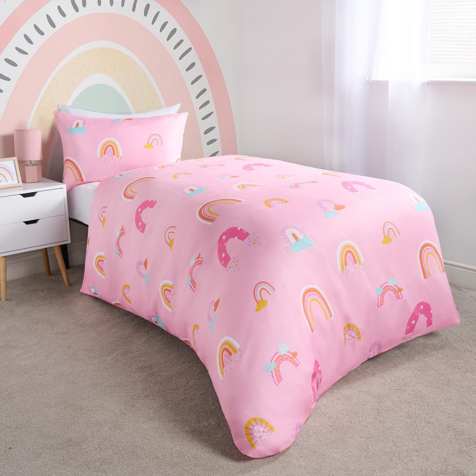 OHS Rainbow Duvet Cover Bedding Set Quilt Pillowcase Reversible in Pink