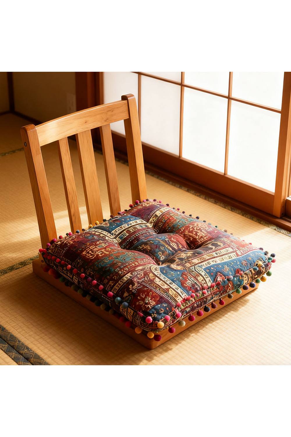 Living and Home Bohemian Patterned Pom-Pom Trimmed Seat Cushion