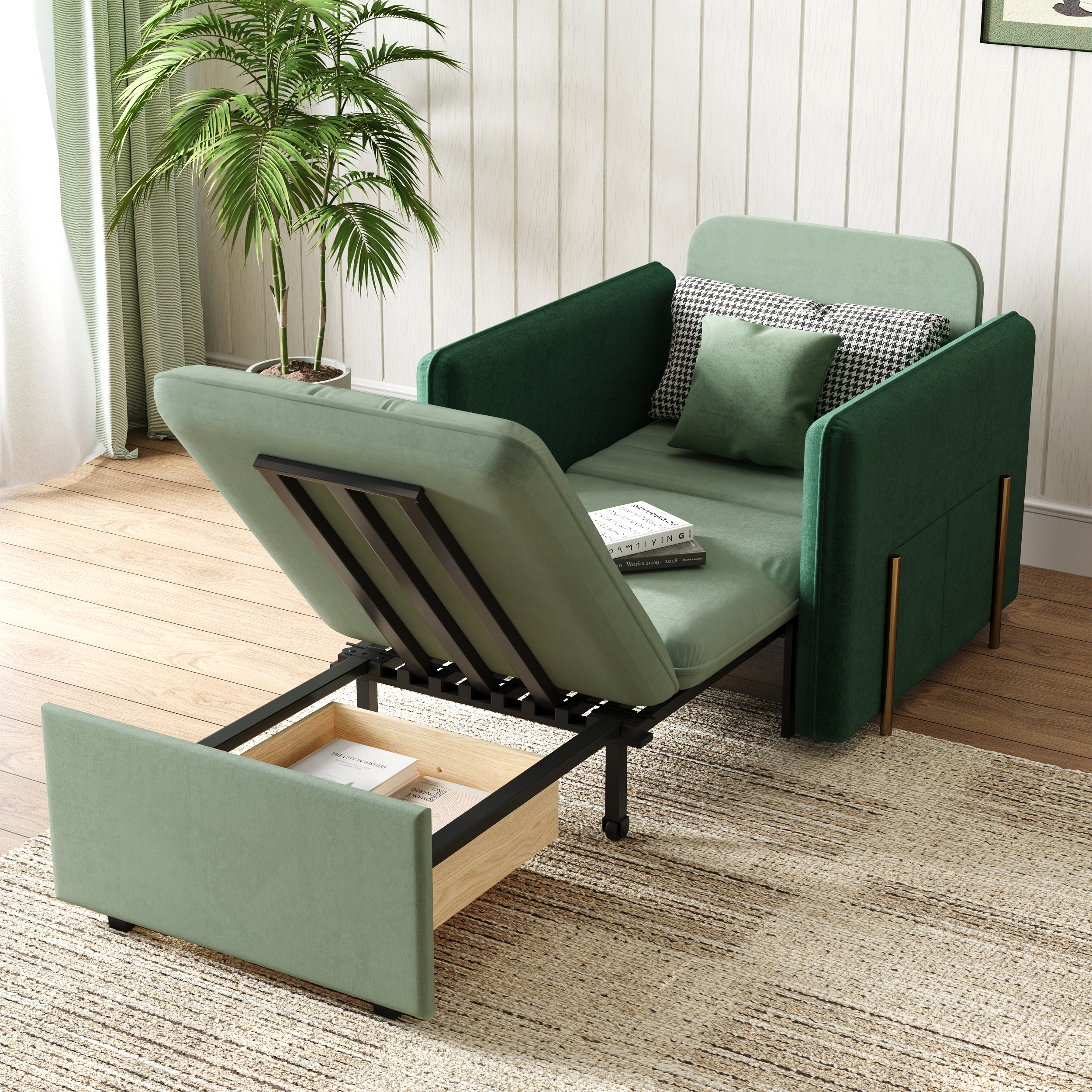 860mm Sleeper Sofa Green Upholstered Convertible Sofa Bed