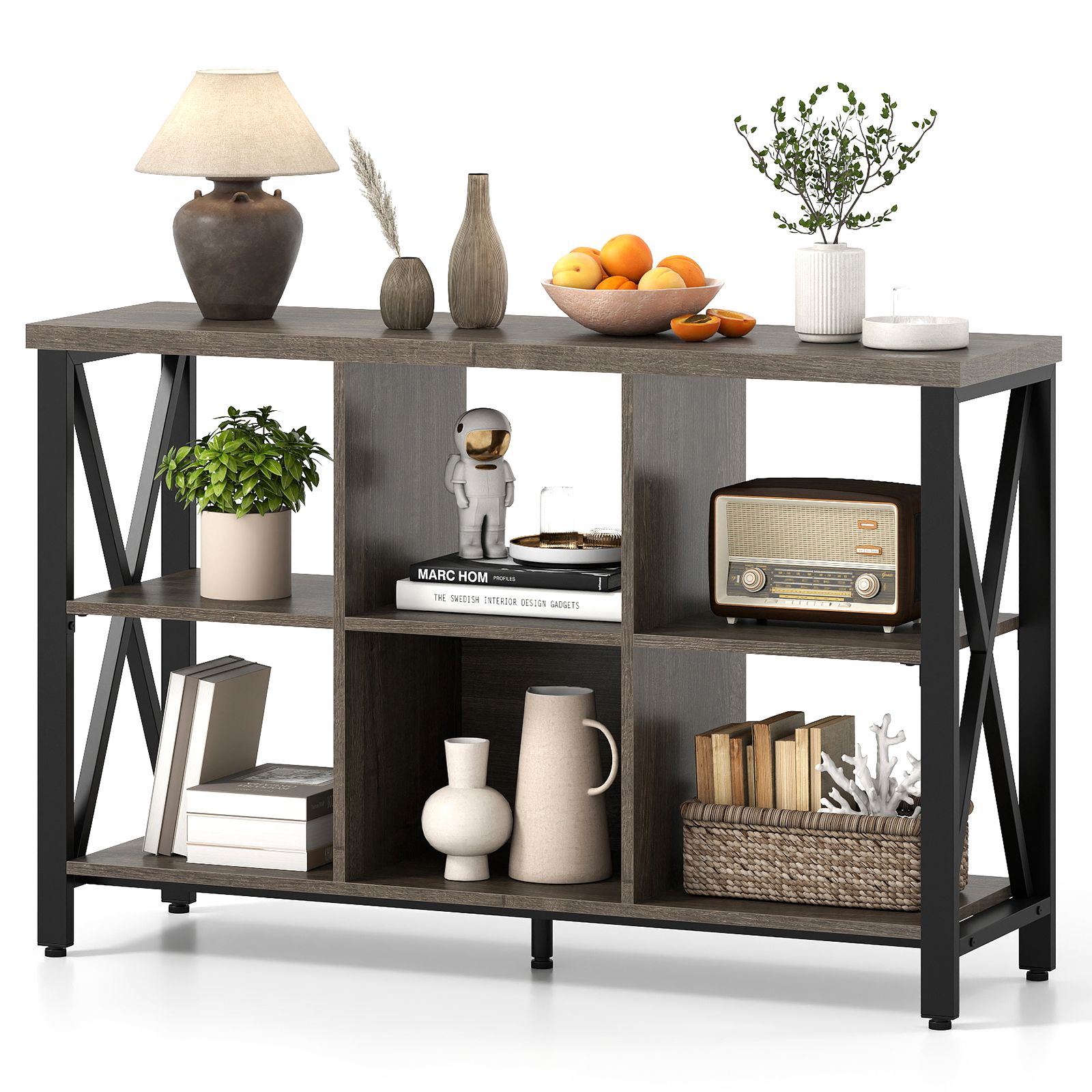 Costway 6-Cube Storage Organizer 120CM Wide Bookshelf w/Open Compartments in Grey