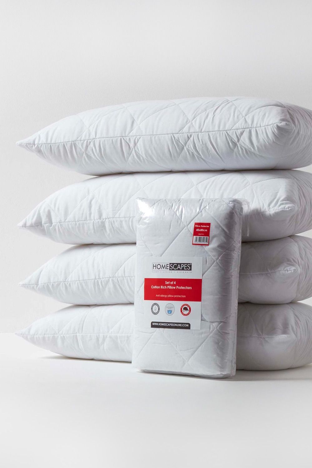 Homescapes Cotton Rich Quilted Pillow Protectors 40 x 80 cm, Pack of 4 in White
