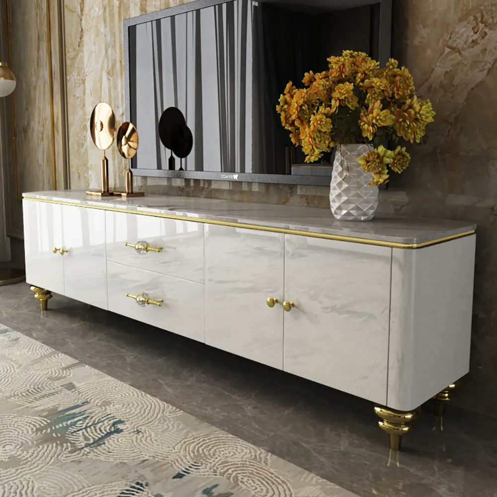 Chift Modern White TV Stand 4-Door 2-Drawer Luxurious Media Console for TV Up to 215 cm