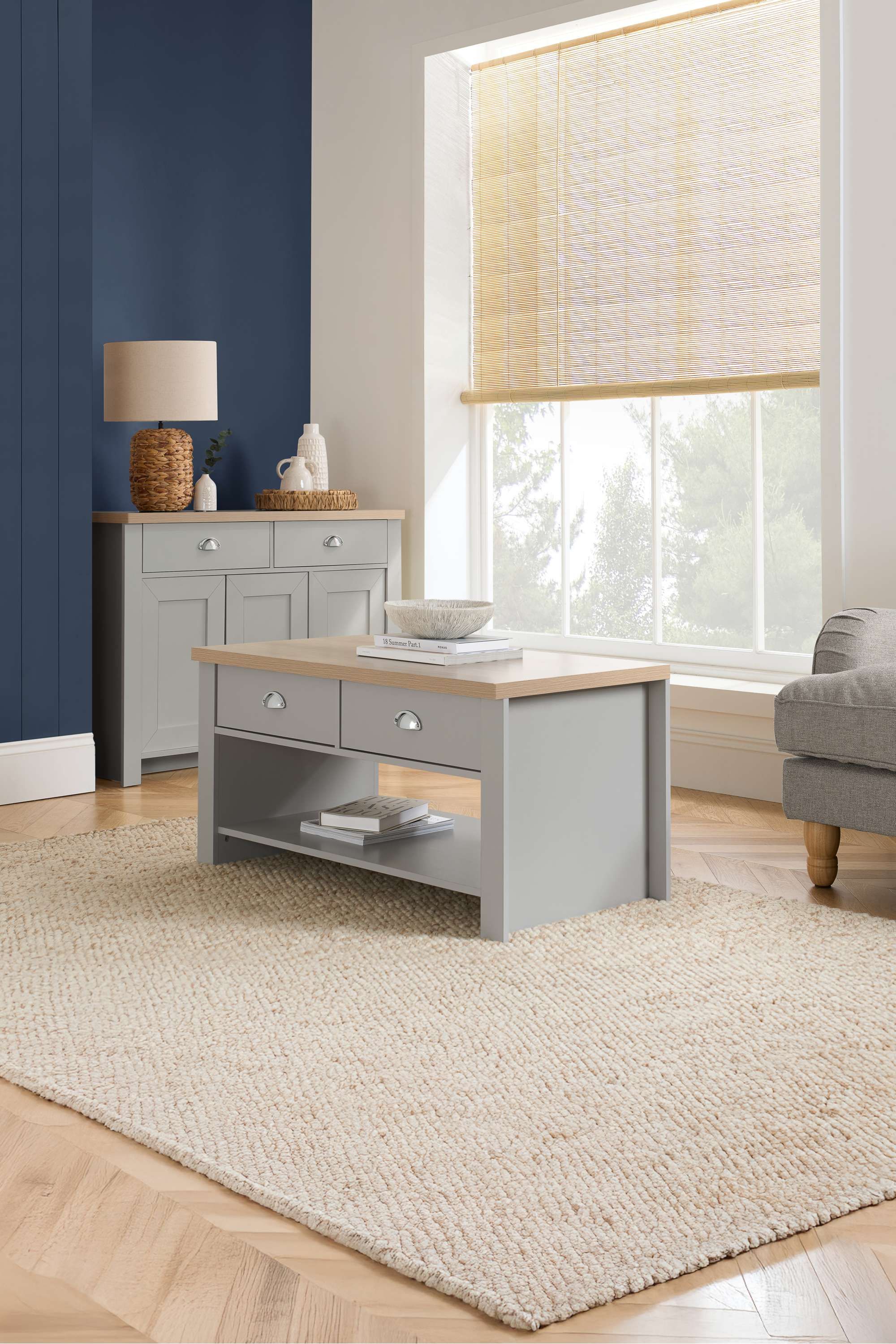 Birlea Coffee Table Blue & Oak Highgate 2 Drawer Farmhouse Shabby Chic in Grey