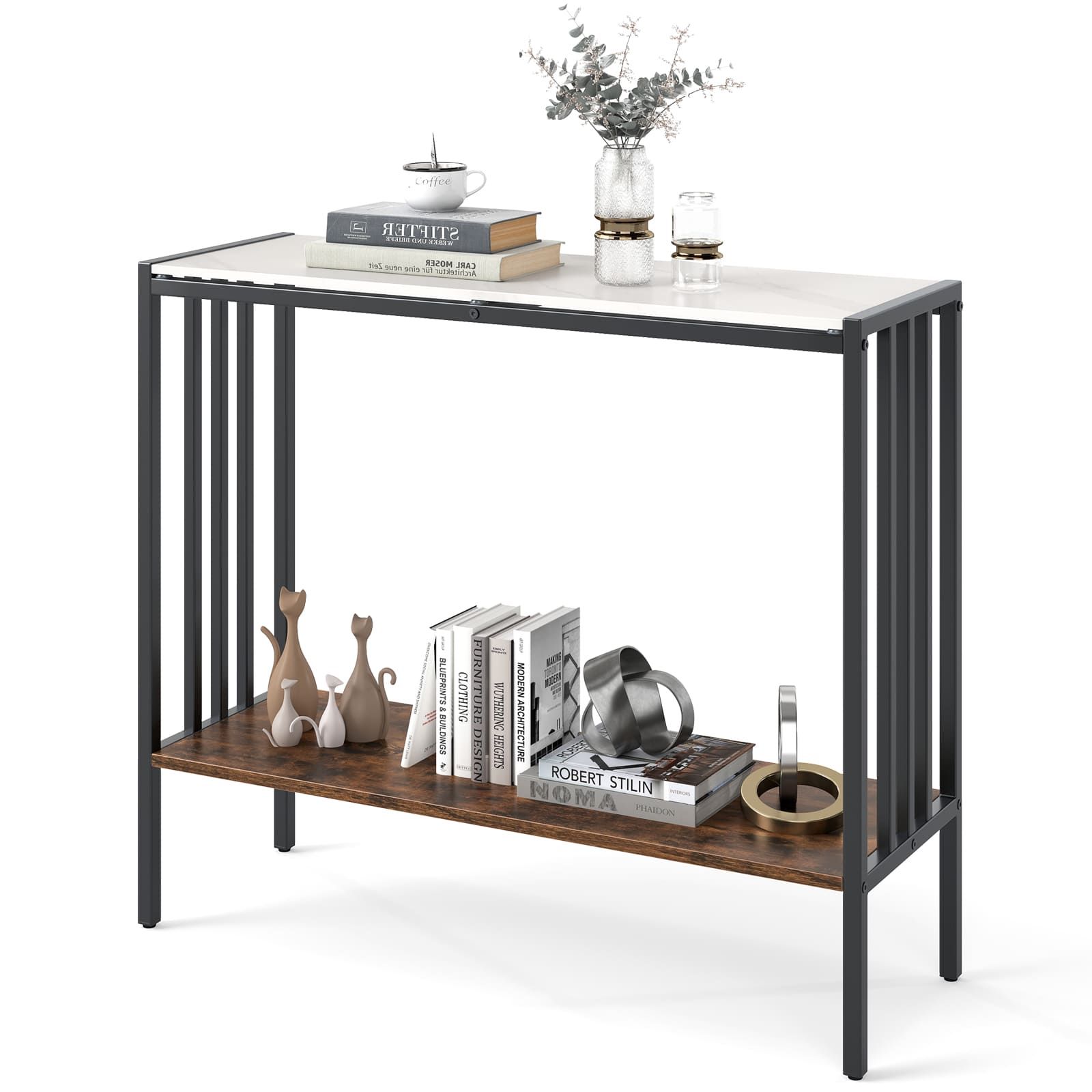 Costway 90 CM Console Table 2-Tier Industrial Foyer Table with Open Shelf in White