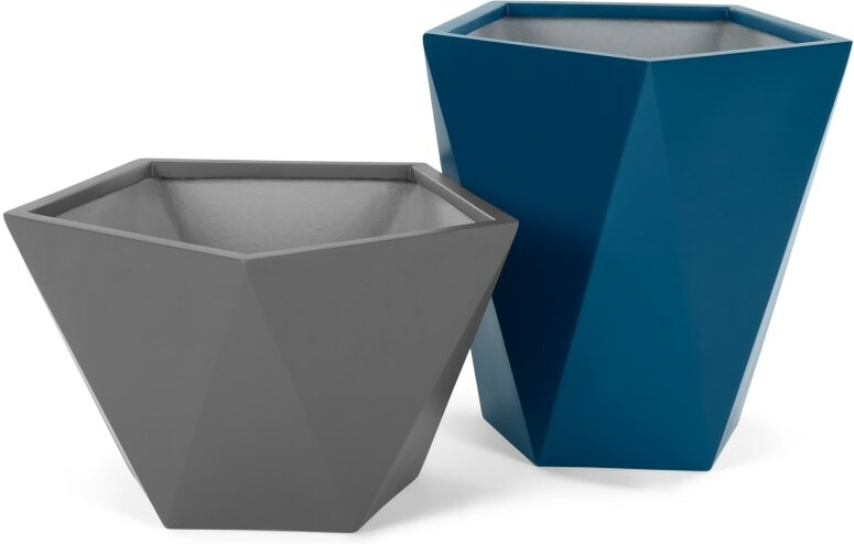 Baloo Set Of Two Geometric Tall Fibreglass Planters, Grey and Blue