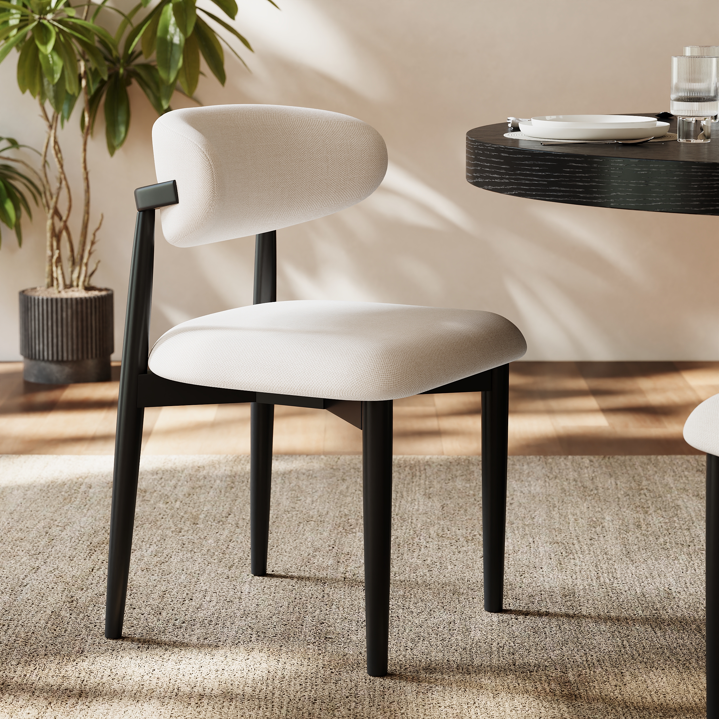 Modern Black Linen Dining Chair with Rubber Wood Legs, 1 Piece