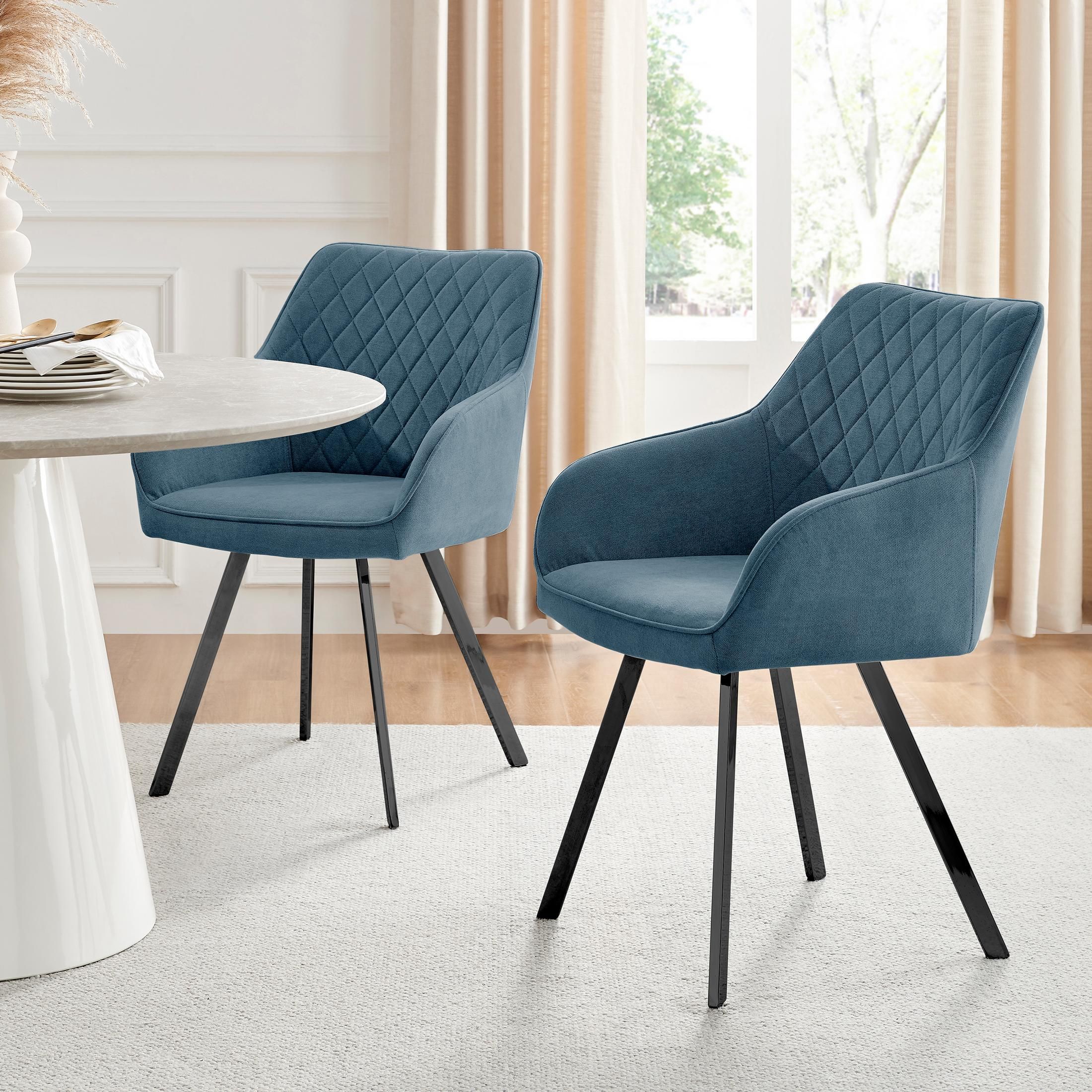 FurnitureboxUK Set of 2 Falun Deep Padded Dining Chairs Upholstered in Soft & Durable Fabric With Black Legs in Blue