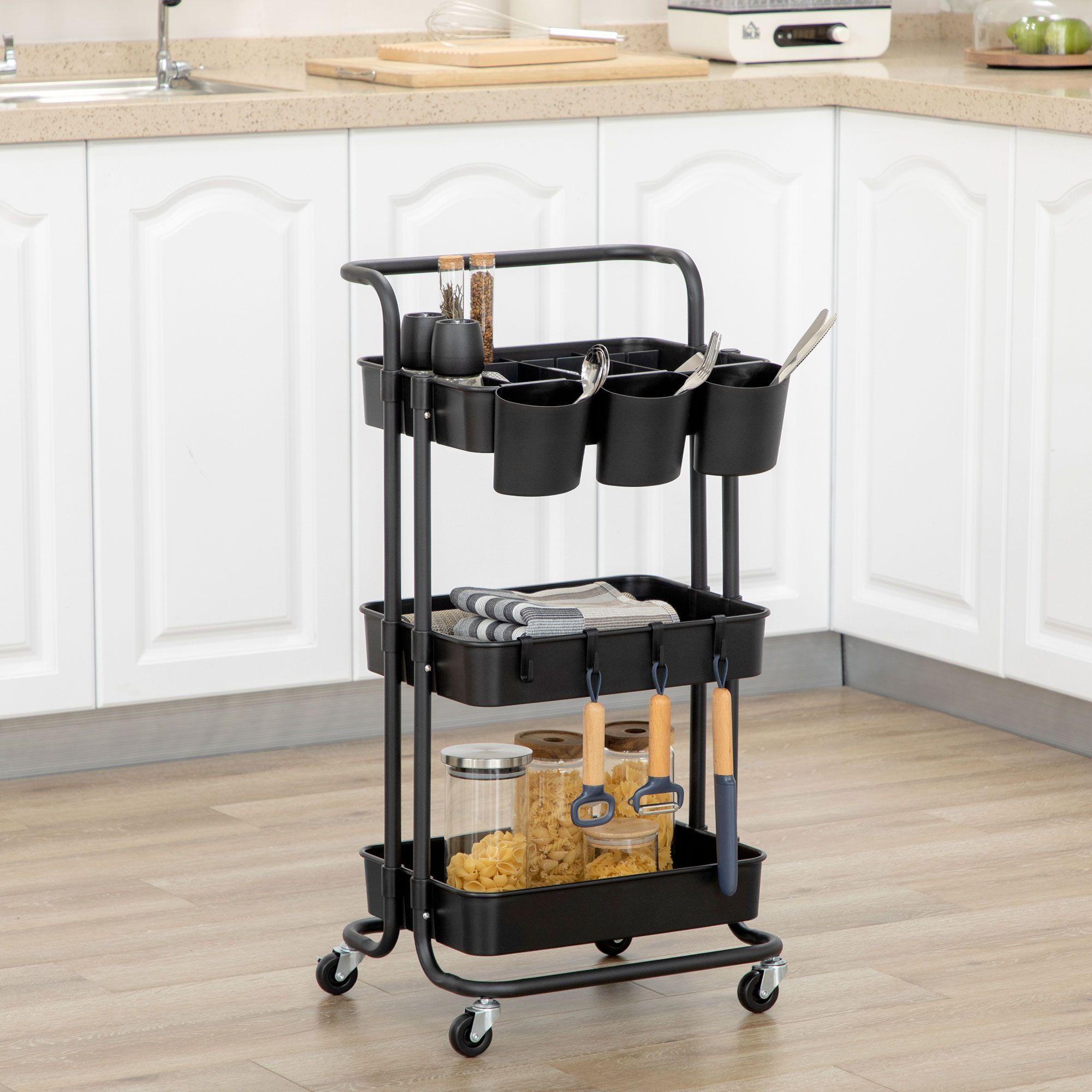 HOMCOM 3-Tier Utility Cart, Serving Trolley with Mesh Baskets Removable in Black