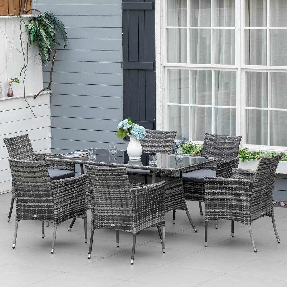 OUTSUNNY 7pc Rattan Garden Furniture Dining Set Wicker Patio Conservatory in Grey