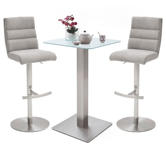 Soho White Glass Bar Table With 2 Hiulia Ice Grey Fabric Stools