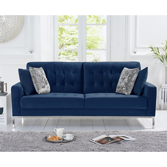 Swiger Velvet Upholstered 3 Seater Sofa In Blue