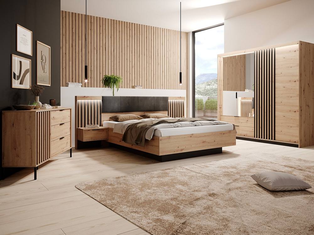 Vente-unique Divan Bed With Bedside Tables 160 X 200 Cm - With Leds - Colours: in Black