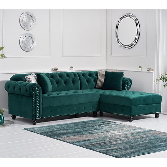 Bicasto Velvet Right Handed Chaise Corner Sofa In Green