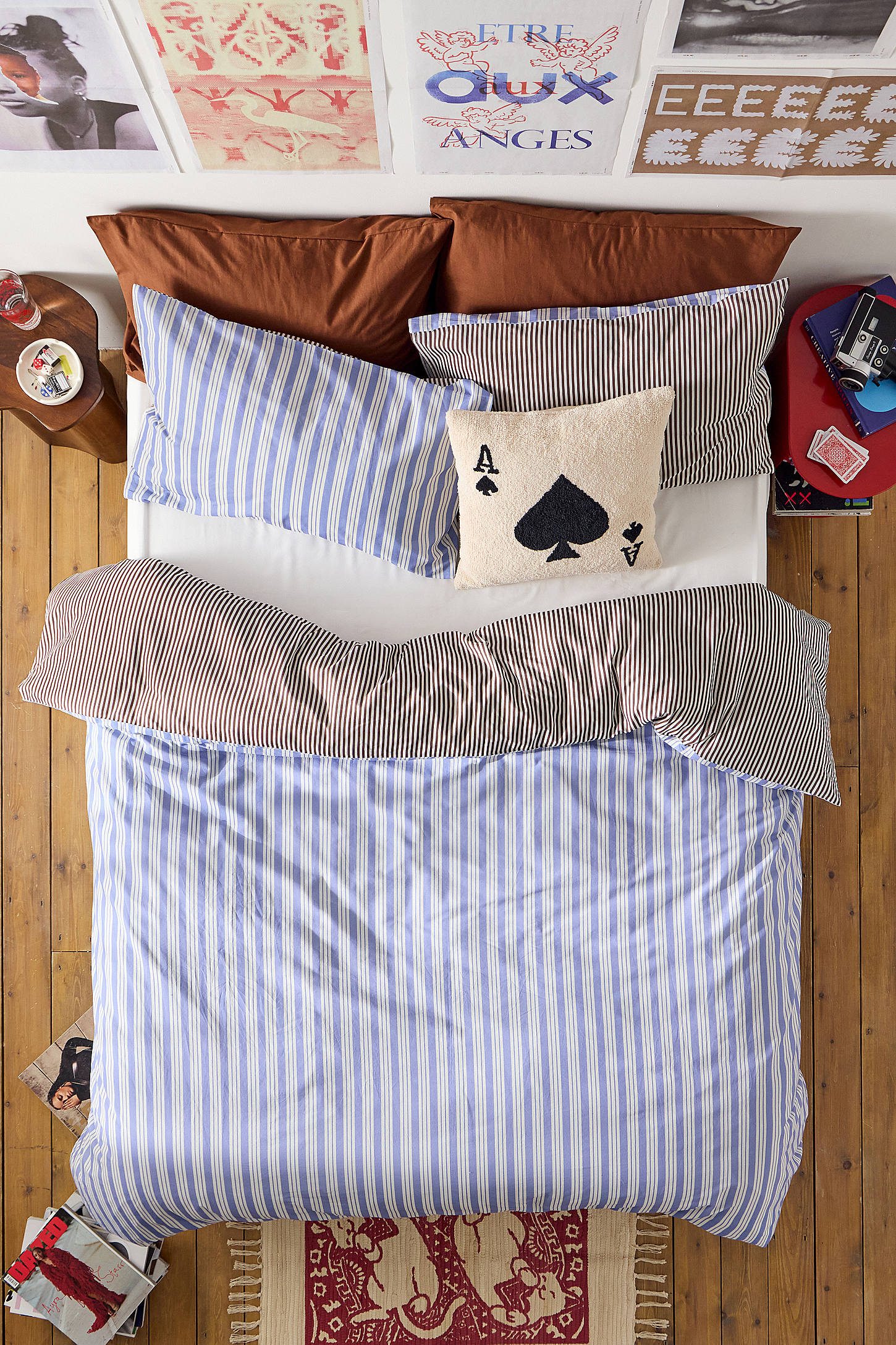 Blue & Brown Stripe Reversible Duvet Set - Blue