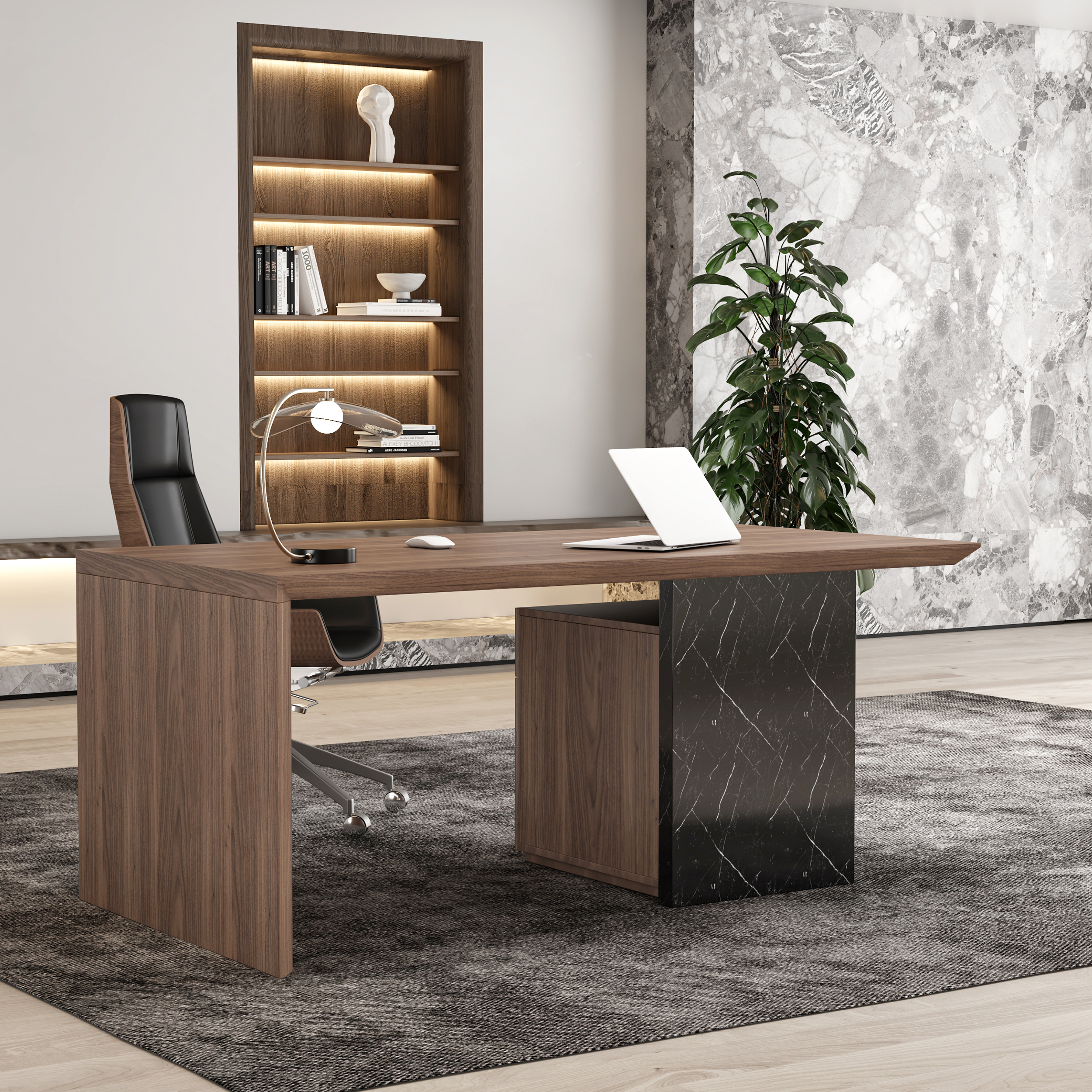 Modern Black & Walnut Wooden Home Office Desk with Movable File Cabinet Office Furniture