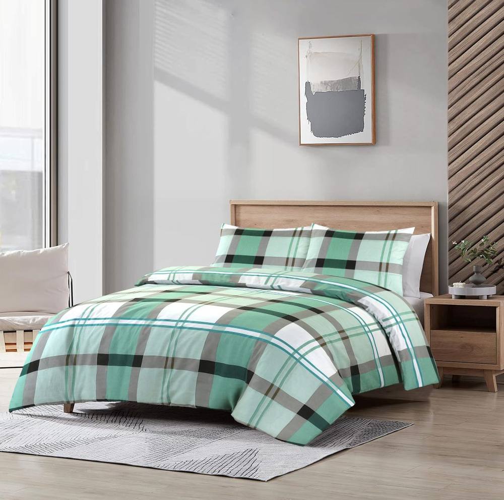 Homes-Linen Checkered Duvet Cover Set in Green