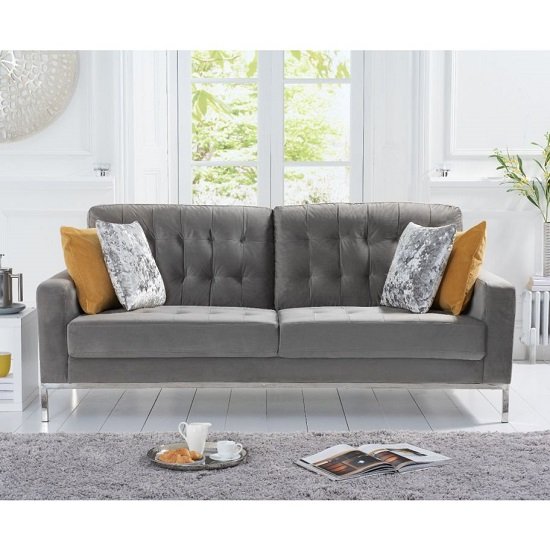 Swiger Velvet Three Seater Sofa In Grey With Metal Legs