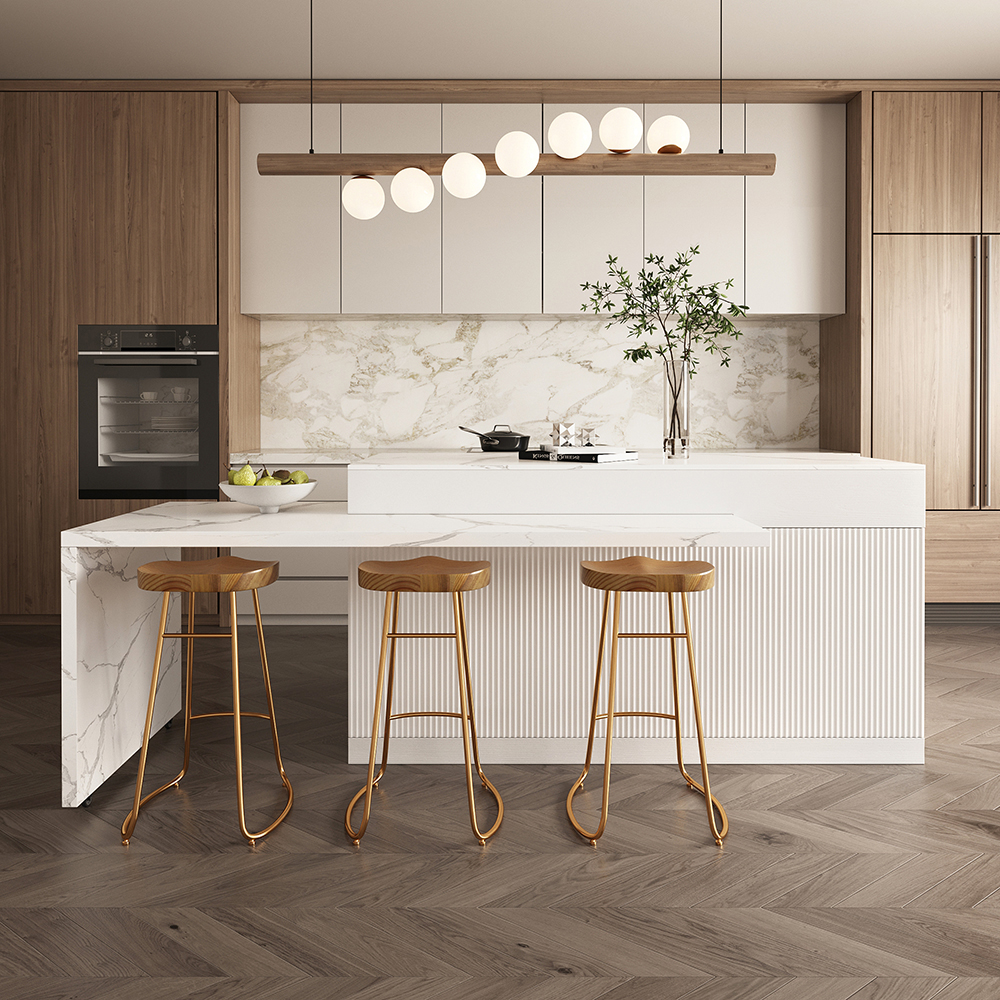 205 - 270 cm Kitchen Islands Extendable Marble Pattern Top White Modern with Doors & Drawers