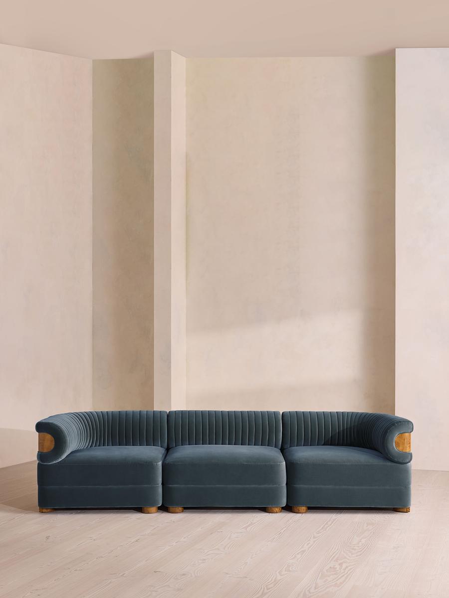 Caleb Modular Four Seater Sofa, Velvet, Grey Blue, Dark Burl