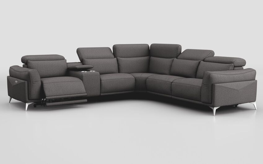 Grey Fabric Gattolino 2 Corner 1 Power Recliner Sofa with Manual Head Tilt & Console