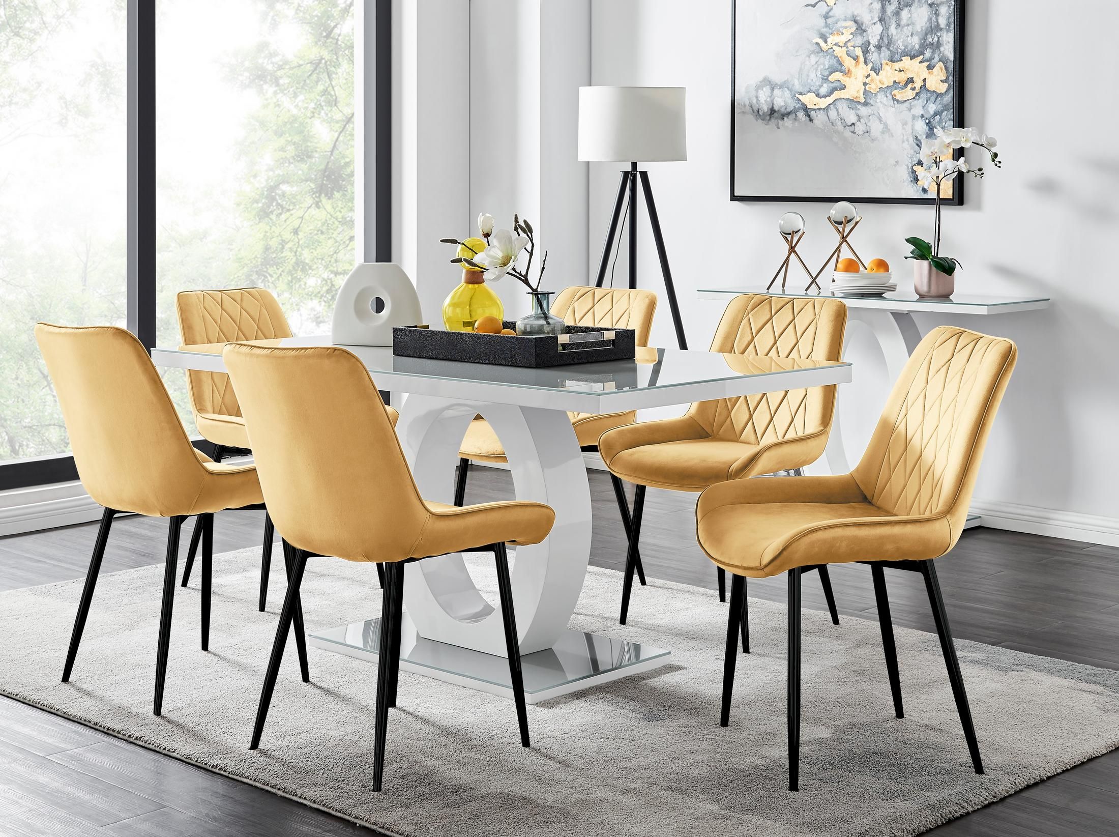 FurnitureboxUK Giovani 6-Seater Grey Glass Dining Table & 6 Pesaro Soft Velvet Dining Chairs in Mustard