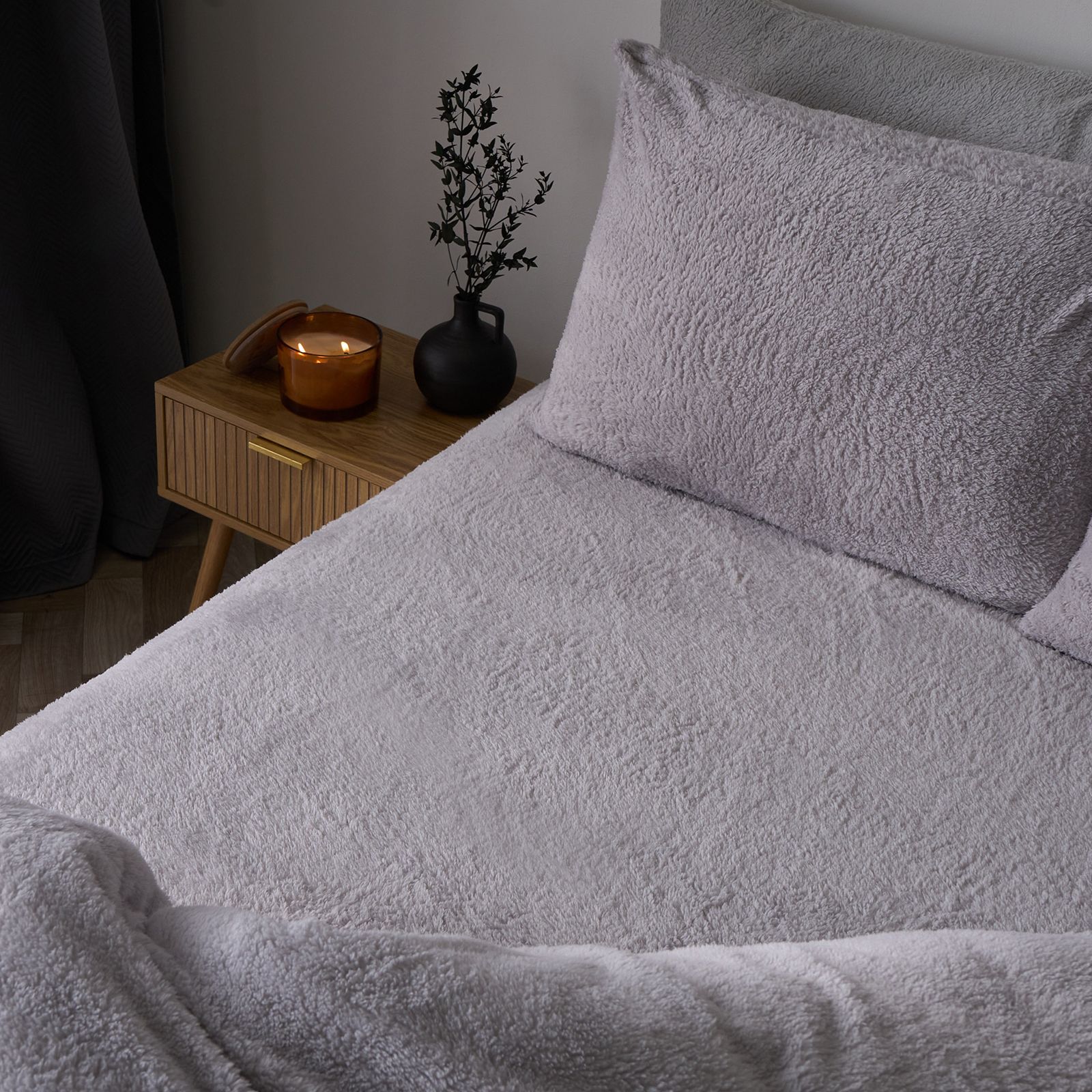 OHS Teddy Fleece Thermal Fitted Bed Sheet in Grey | Size: Single Fitted