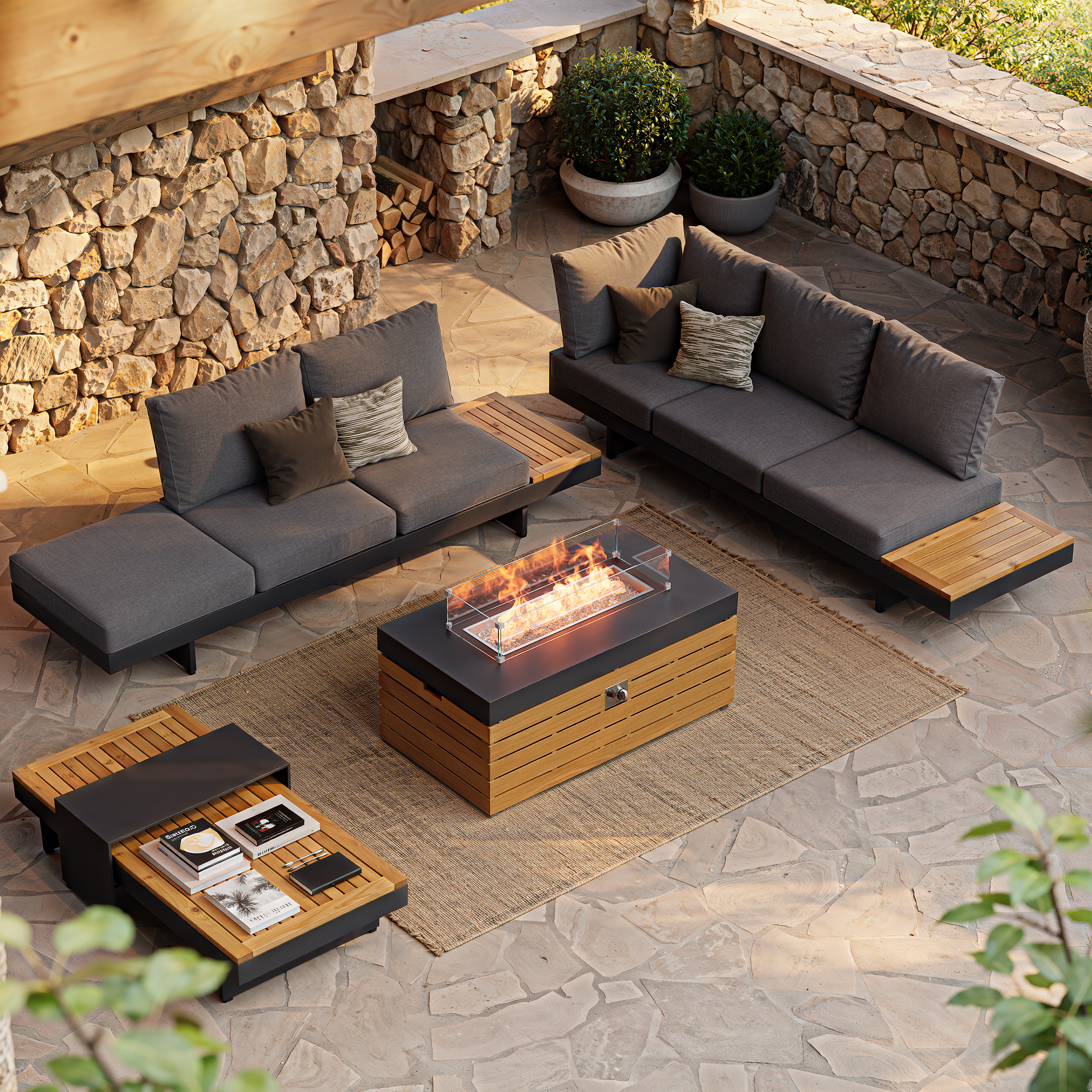 Tevara 47" 5-Piece Modular Teak Outdoor Sofa Set with Smokeless Fire Pit for 6 People