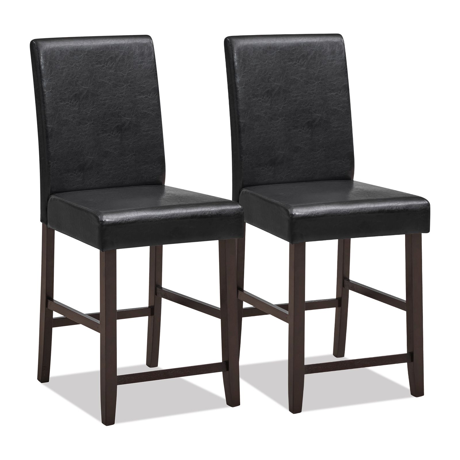 Costway 61cm Bar Stool Set of 2 PU Upholstered Counter Bar Chairs with Solid Rubber Wood Legs & Ergonomic Back in Black