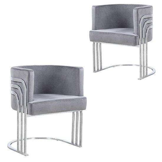 Lula Grey Velvet Dining Chairs In Pair With Silver Legs