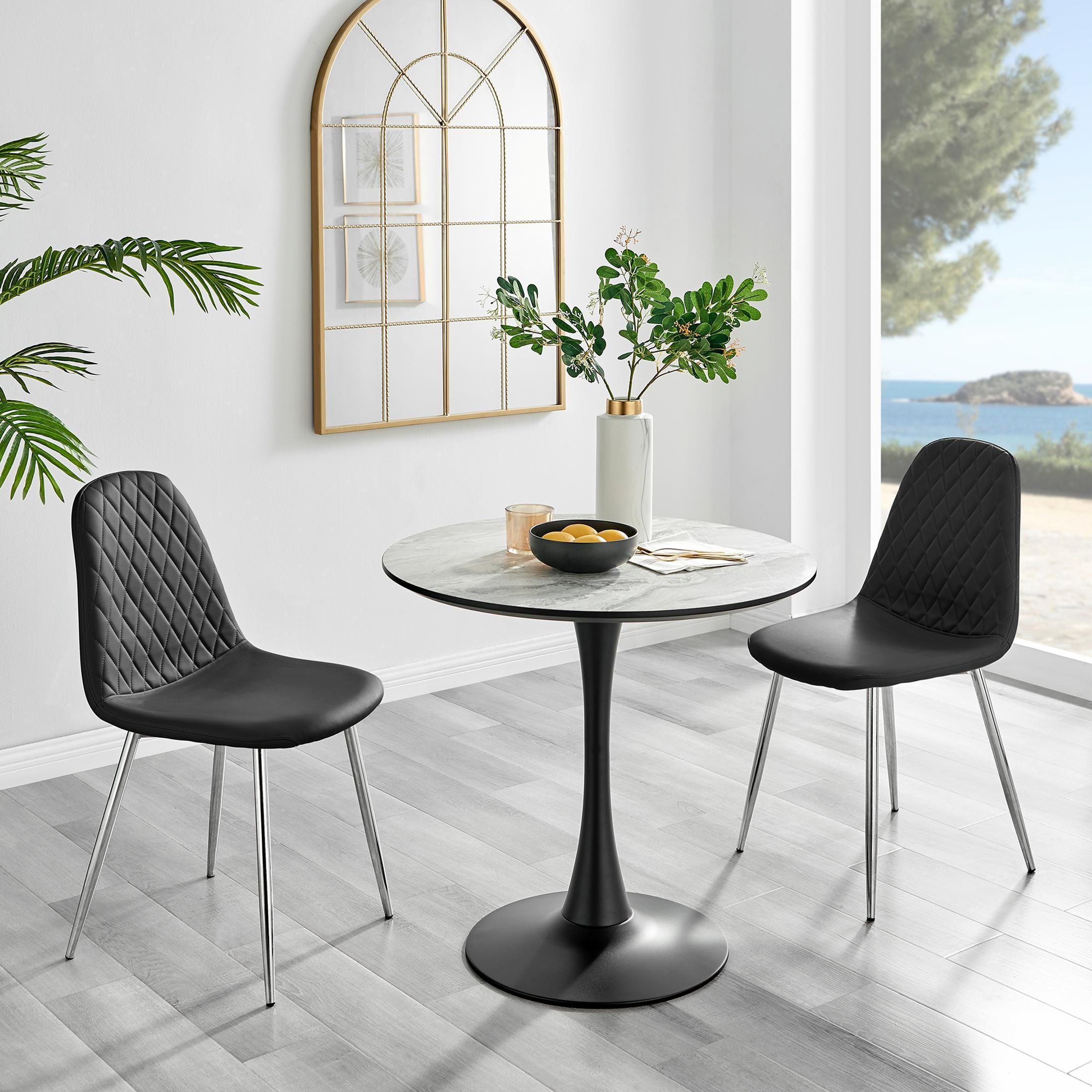 FurnitureboxUK Elina White Marble Effect Scratch Resistant Dining Table & 2 Corona Silver Chairs in Black