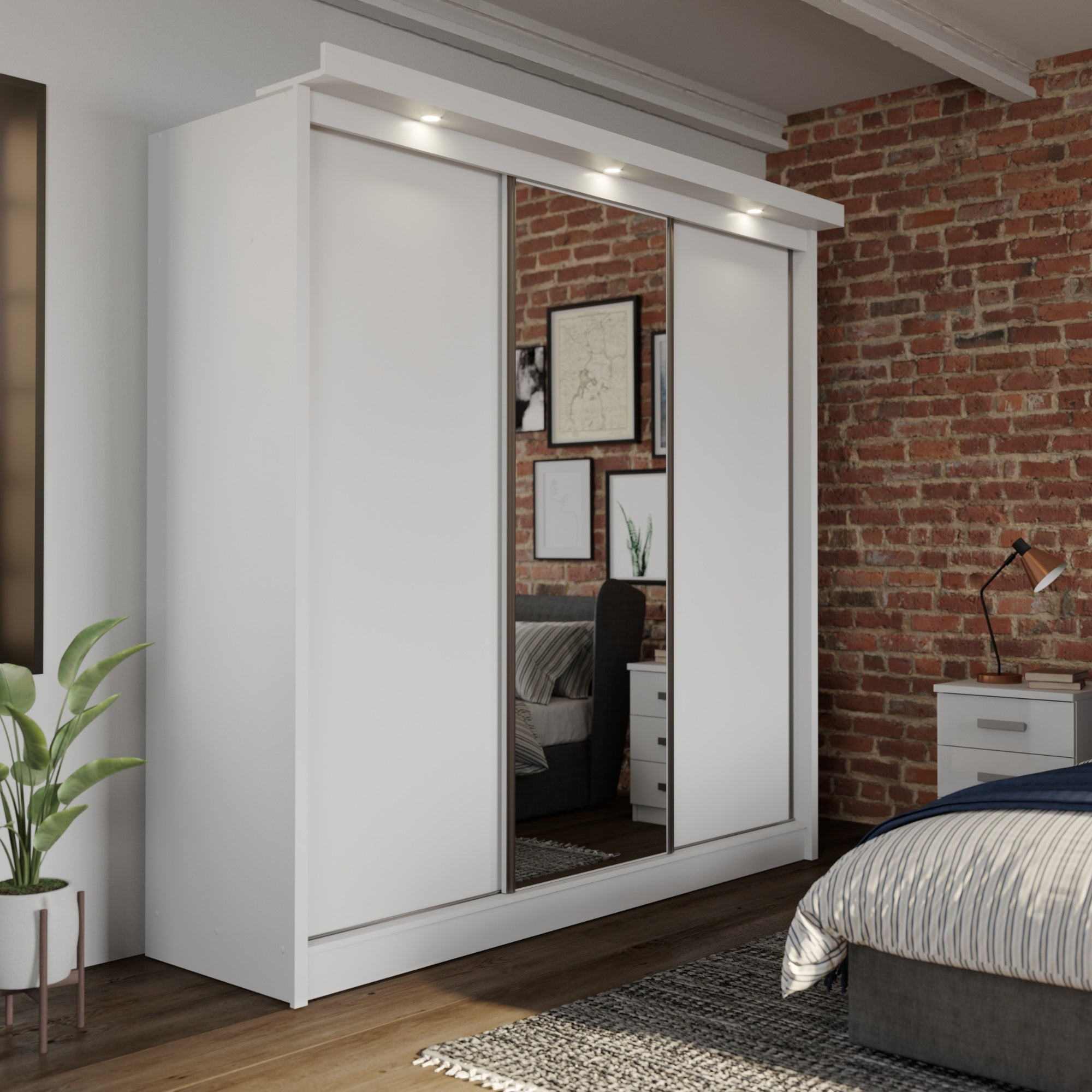 Forde White Sliding Wardrobe With Mirror And Lights Matt White
