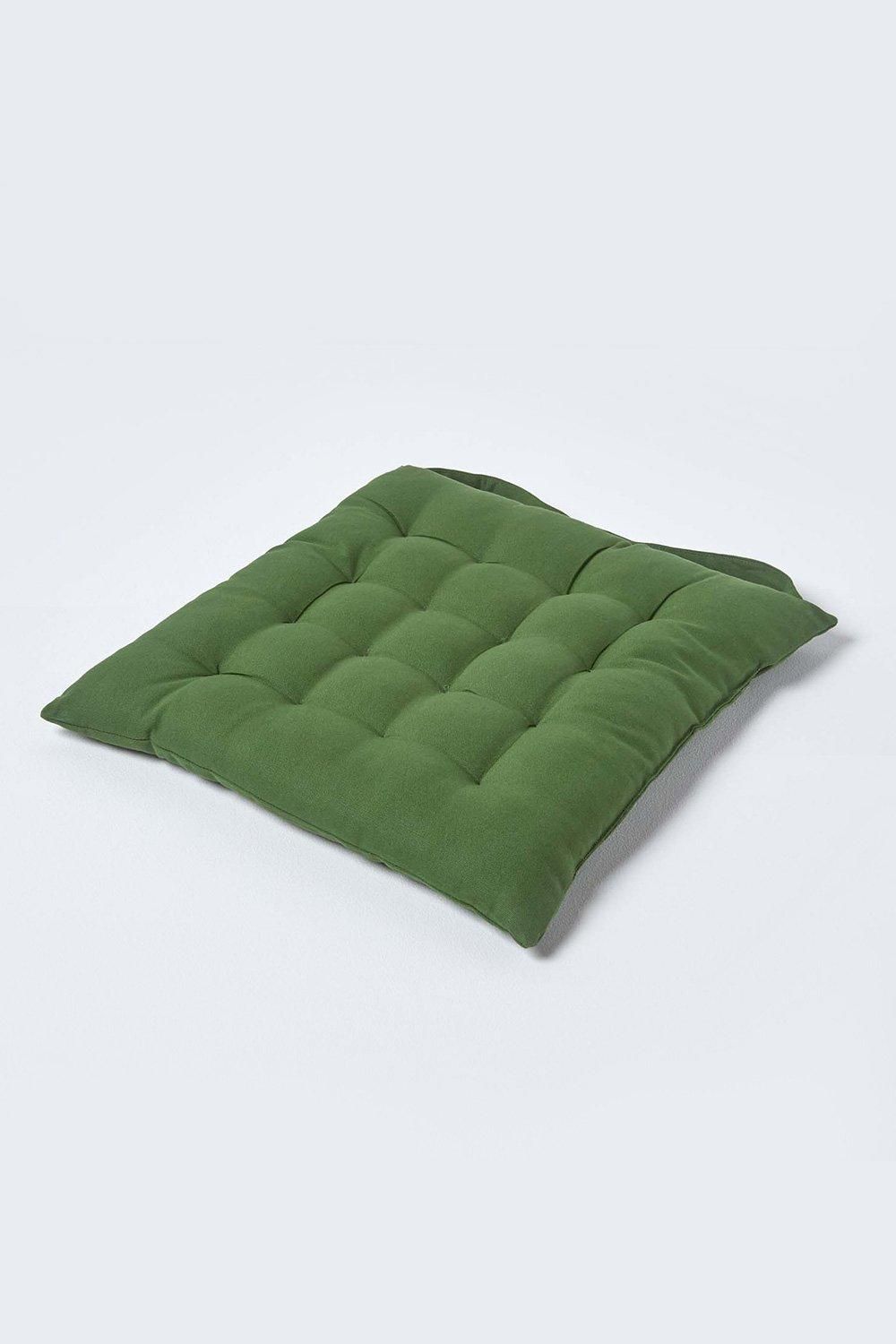 Homescapes Seat Pad Luxury 100% Cotton Indoor Outdoor Garden Cushion, Button Tie, 40cm in Dark Olive