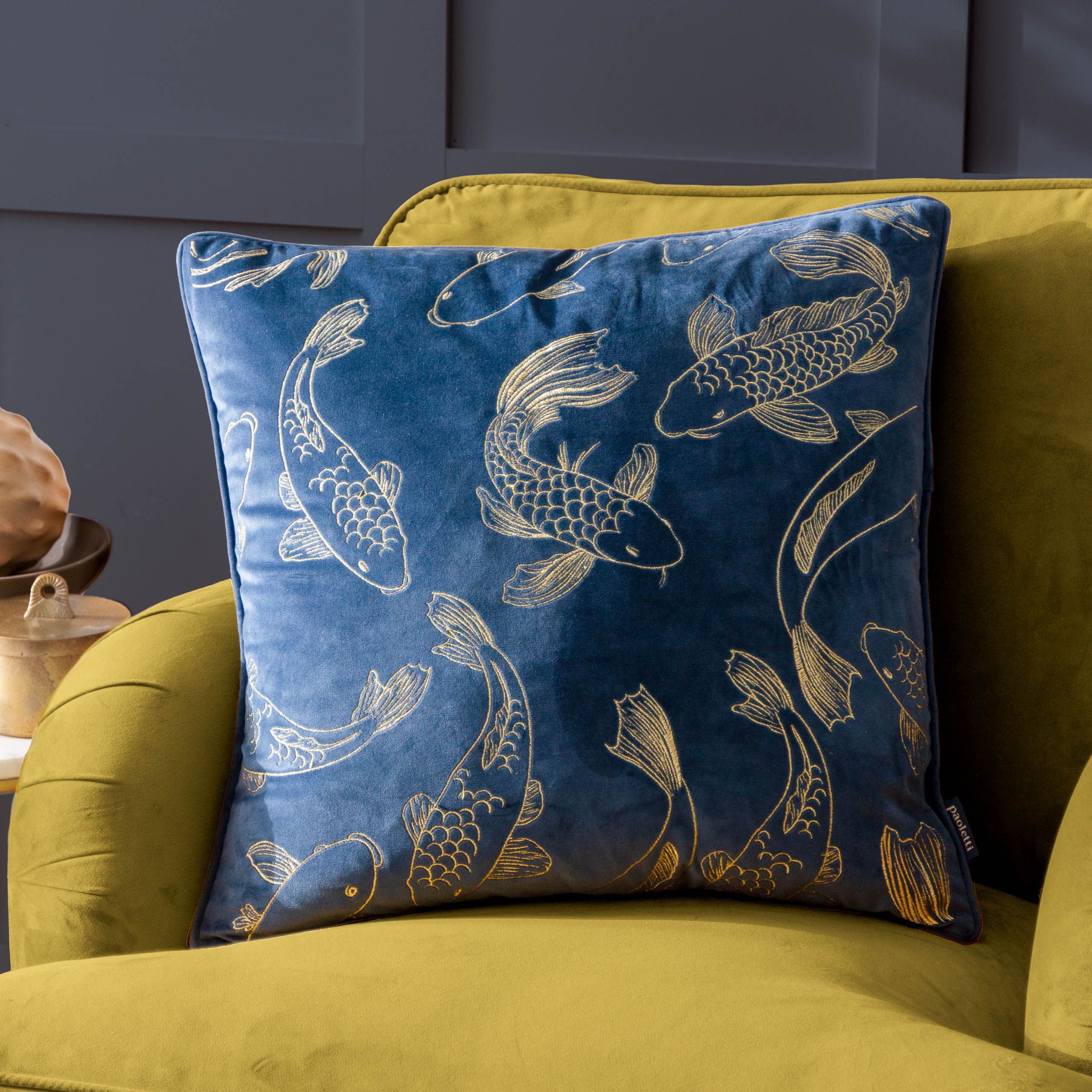 Paoletti Koi Pond Embroidered Velvet Cushion in Navy