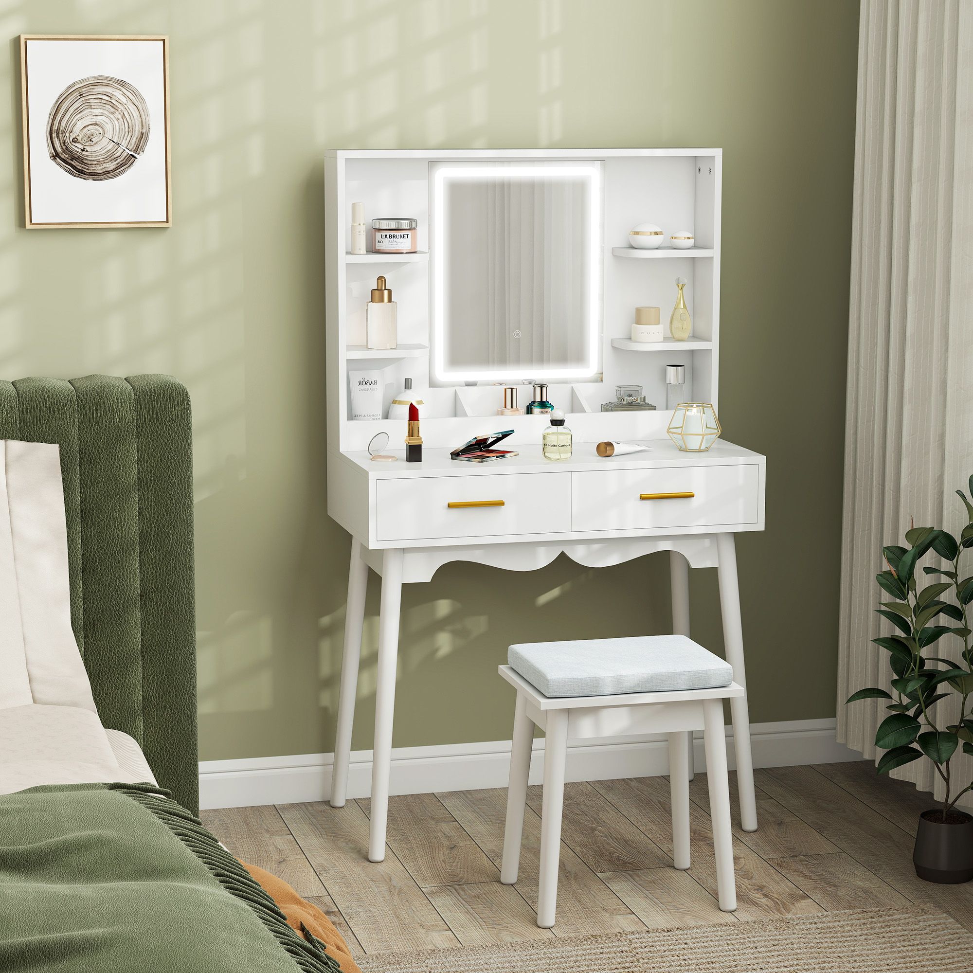 HOMCOM Dressing Table with LED Lighted Mirror & Cushioned Stool White