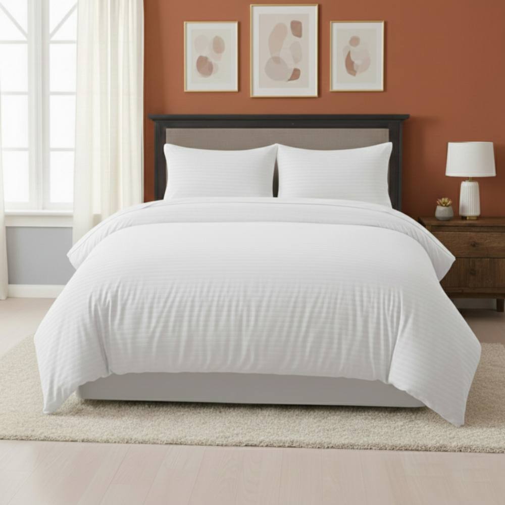 Snug City Embossed Stripe Duvet Cover Soft Microfibre Bedding with Pillowcases in White