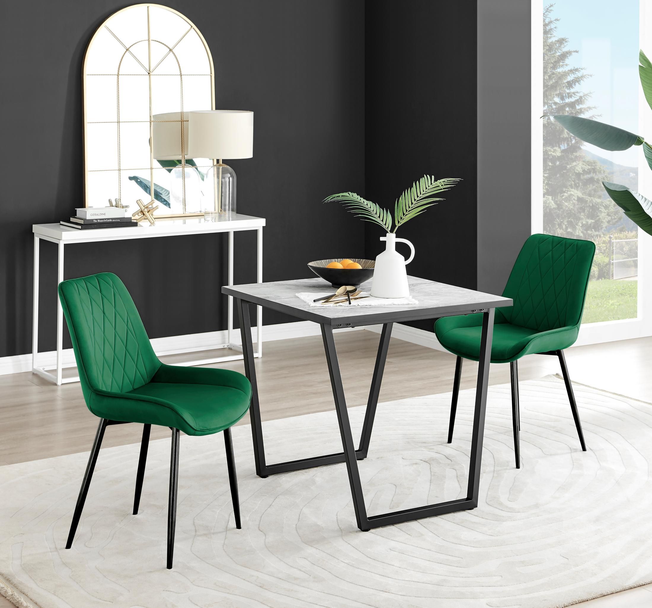 FurnitureboxUK Carson White Marble Effect Square Dining Table & 2 Velvet Pesaro Black Leg Chairs in Green