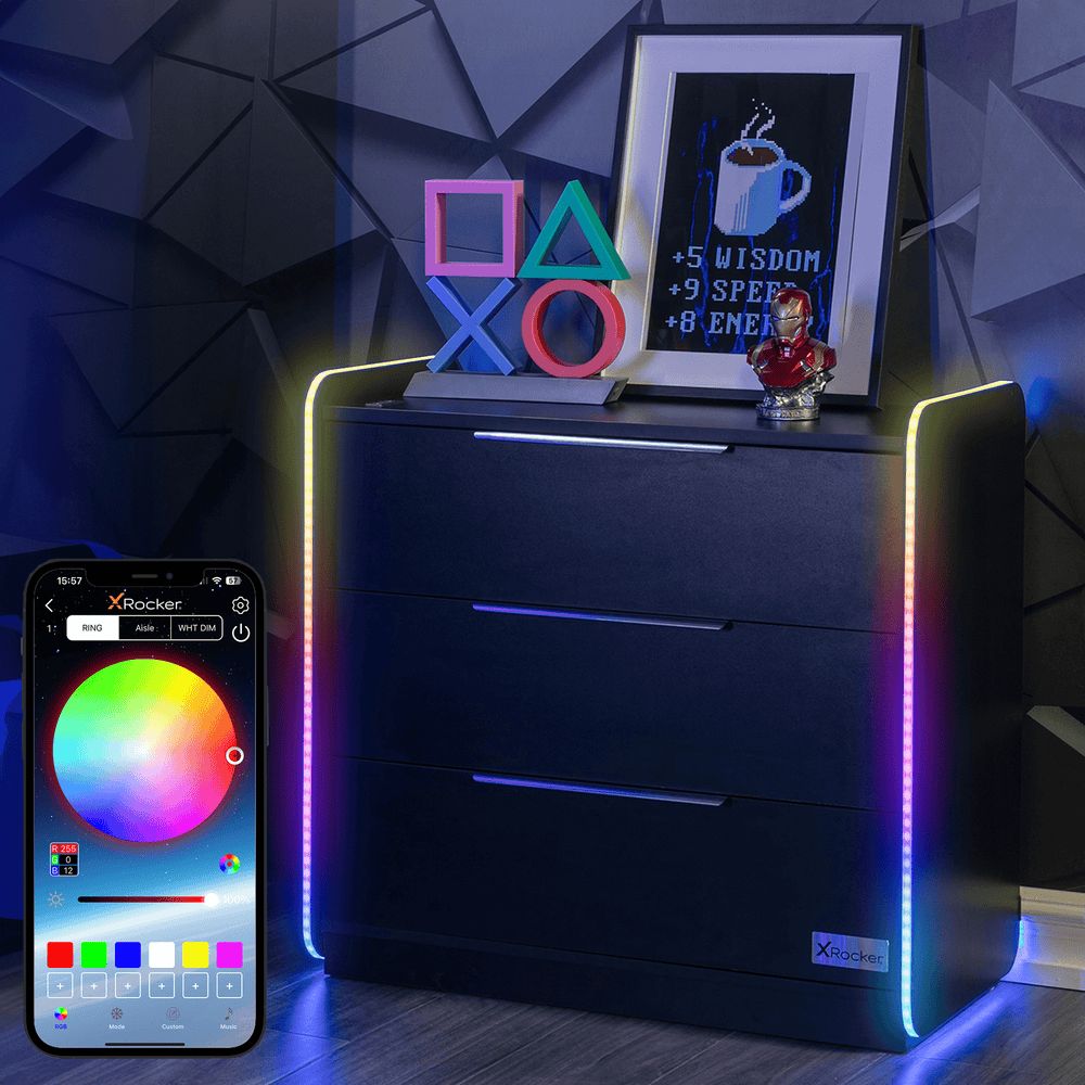 X Rocker Electra Chest of 3 Drawers Sideboard with LED Lights in Black