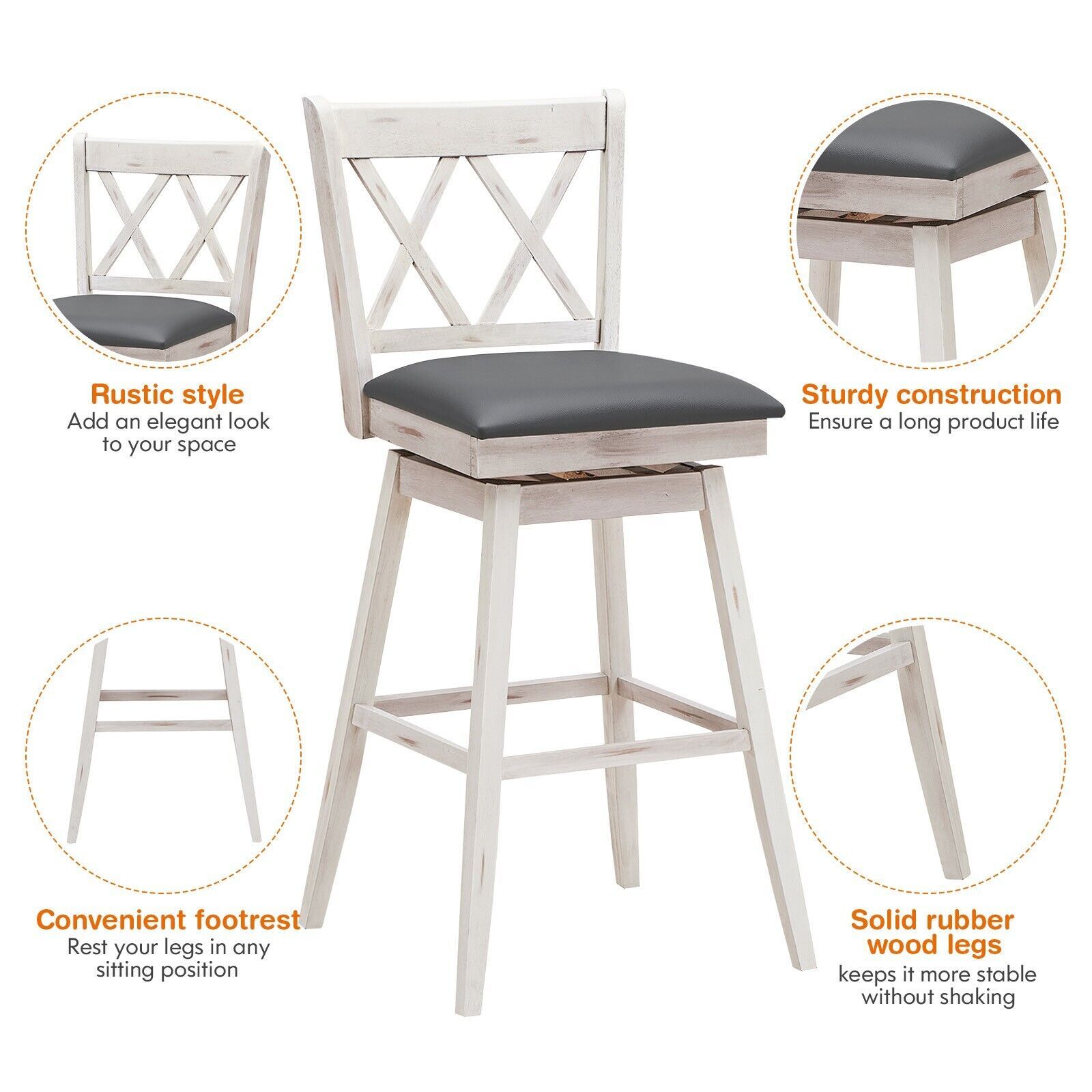 Costway Set of 2 Bar Stools Counter Height Chair Pub 360 Swiveling Upholstered Seat 29" 5