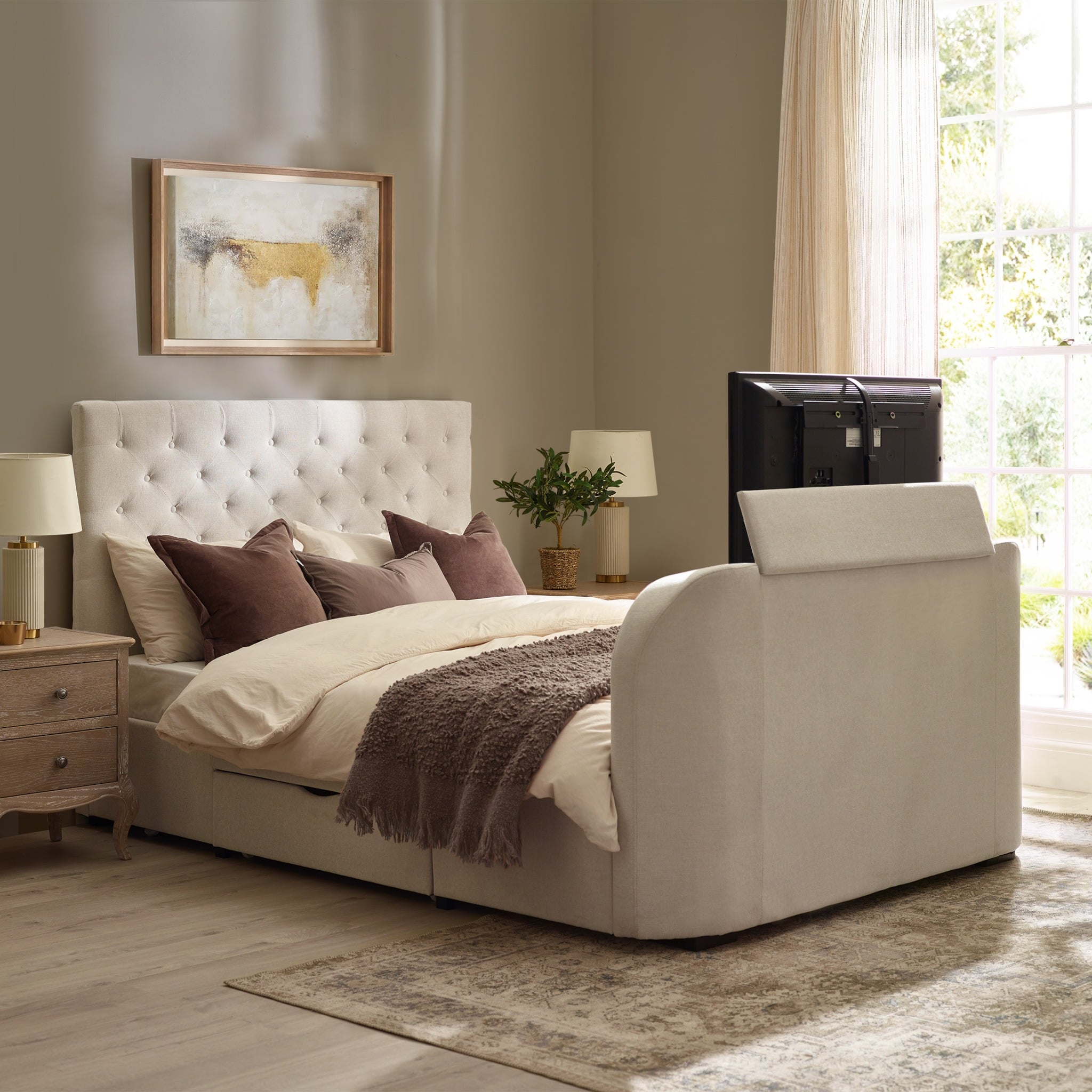 Kira - Super King Size - 2 Drawer Storage TV Bed - White - Fabric - 6ft - Happy Beds