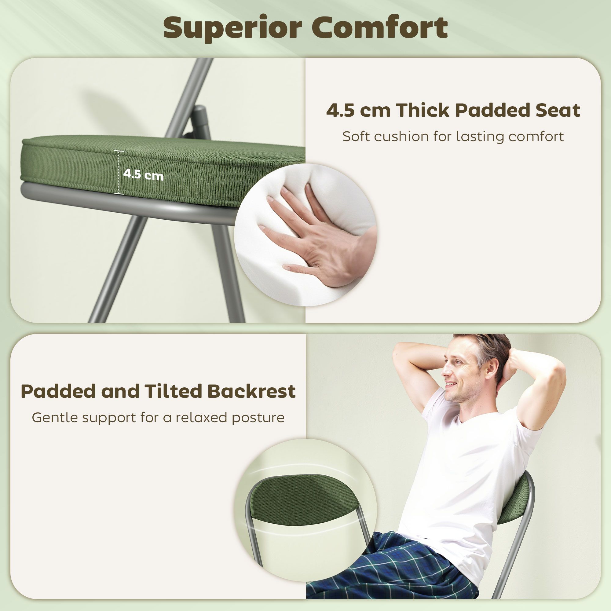 HOMCOM Folding Chairs Set of 4 with Cushioned Seat, Steel Frame in Green 4