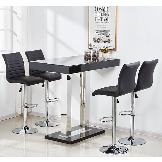 Caprice Glass Bar Table Set In Black Gloss 4 Ripple Bar Stools