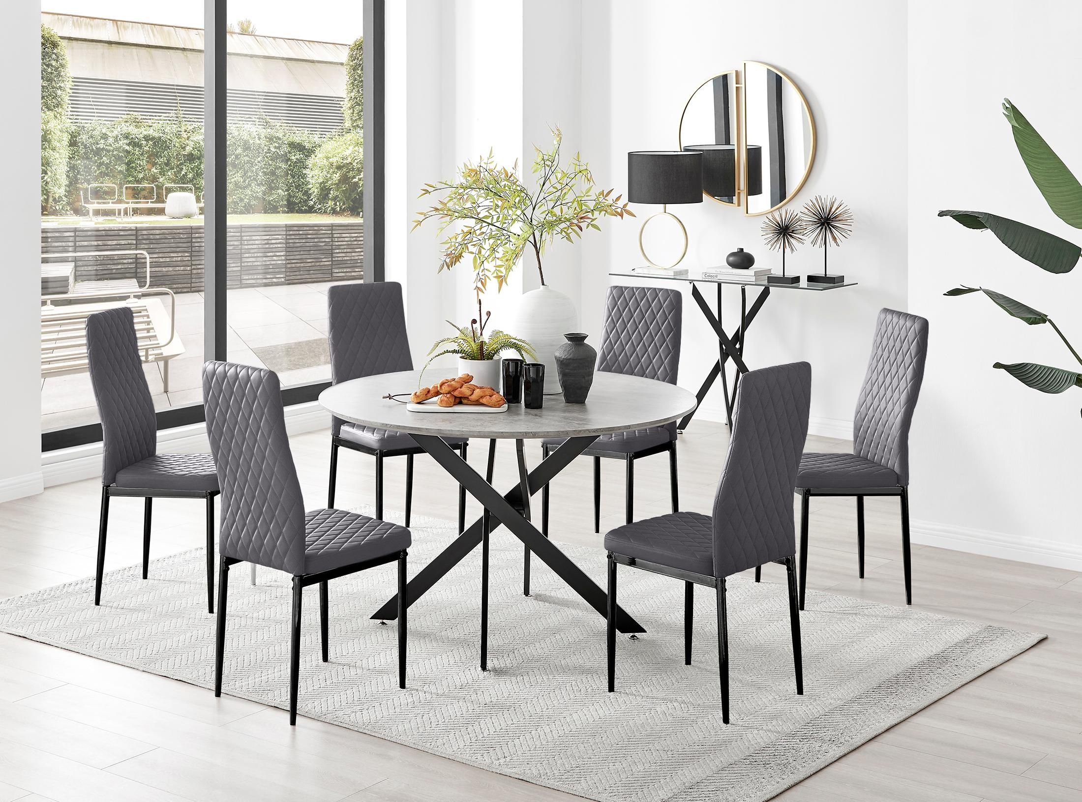 FurnitureboxUK Novara Grey Concrete Effect Black Leg 120cm Round Dining Table & 6 Velvet Milan Black Leg Chairs