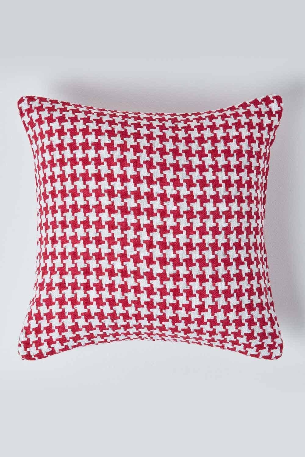 Homescapes Houndstooth 100% Cotton Cushion Cover in Red