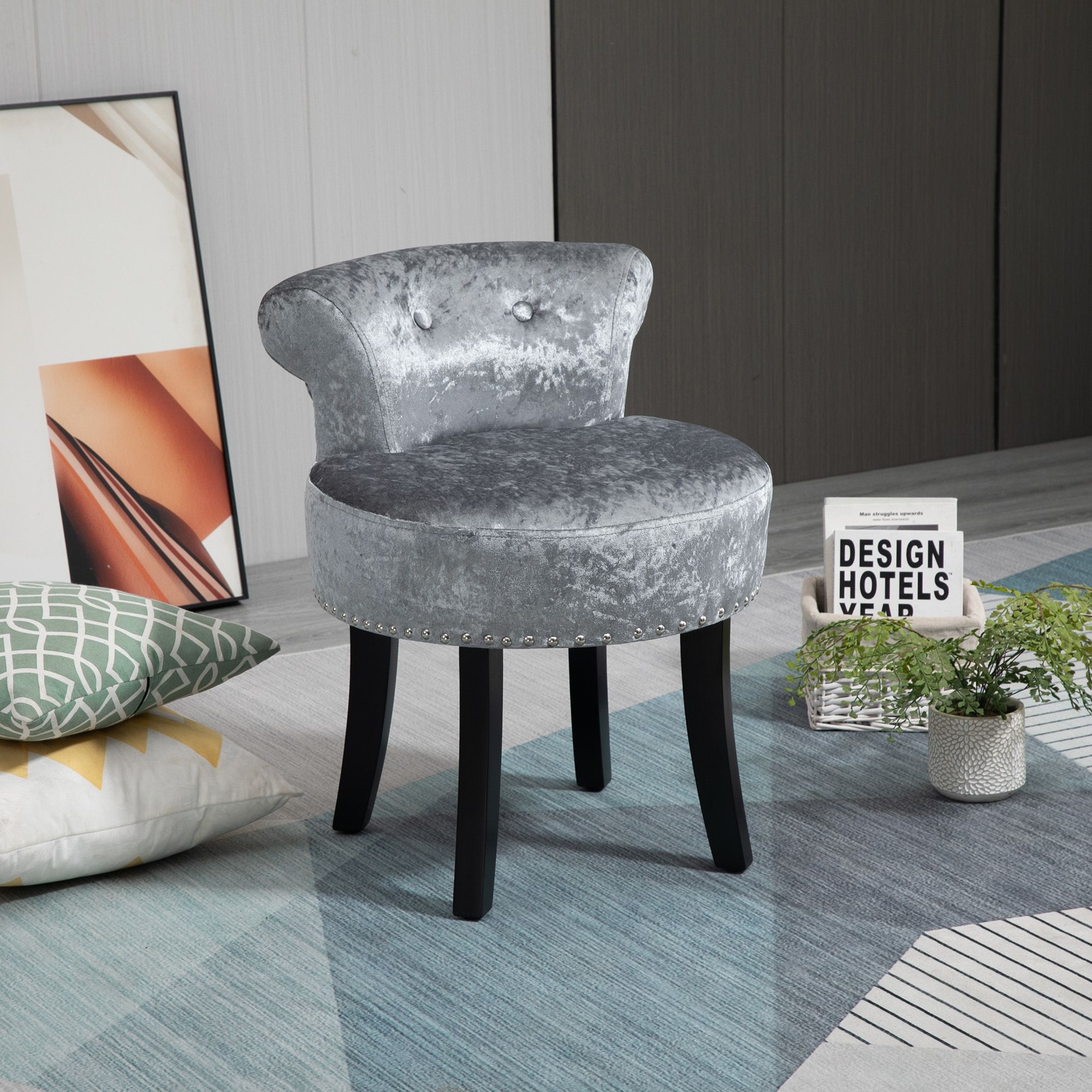HOMCOM Dressing Table Stool with Rubber Wood Legs for Living Room Bedroom in Grey