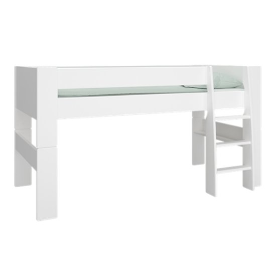 Pathos Wooden Mid Sleeper Bed In Pure White With Ladder