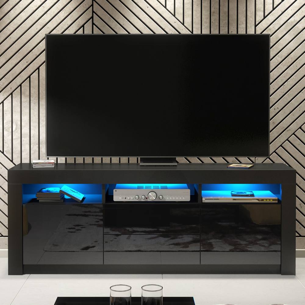 Creative Furniture Shine TV Unit 160cm - Black with Gloss Doors & LED Lights
