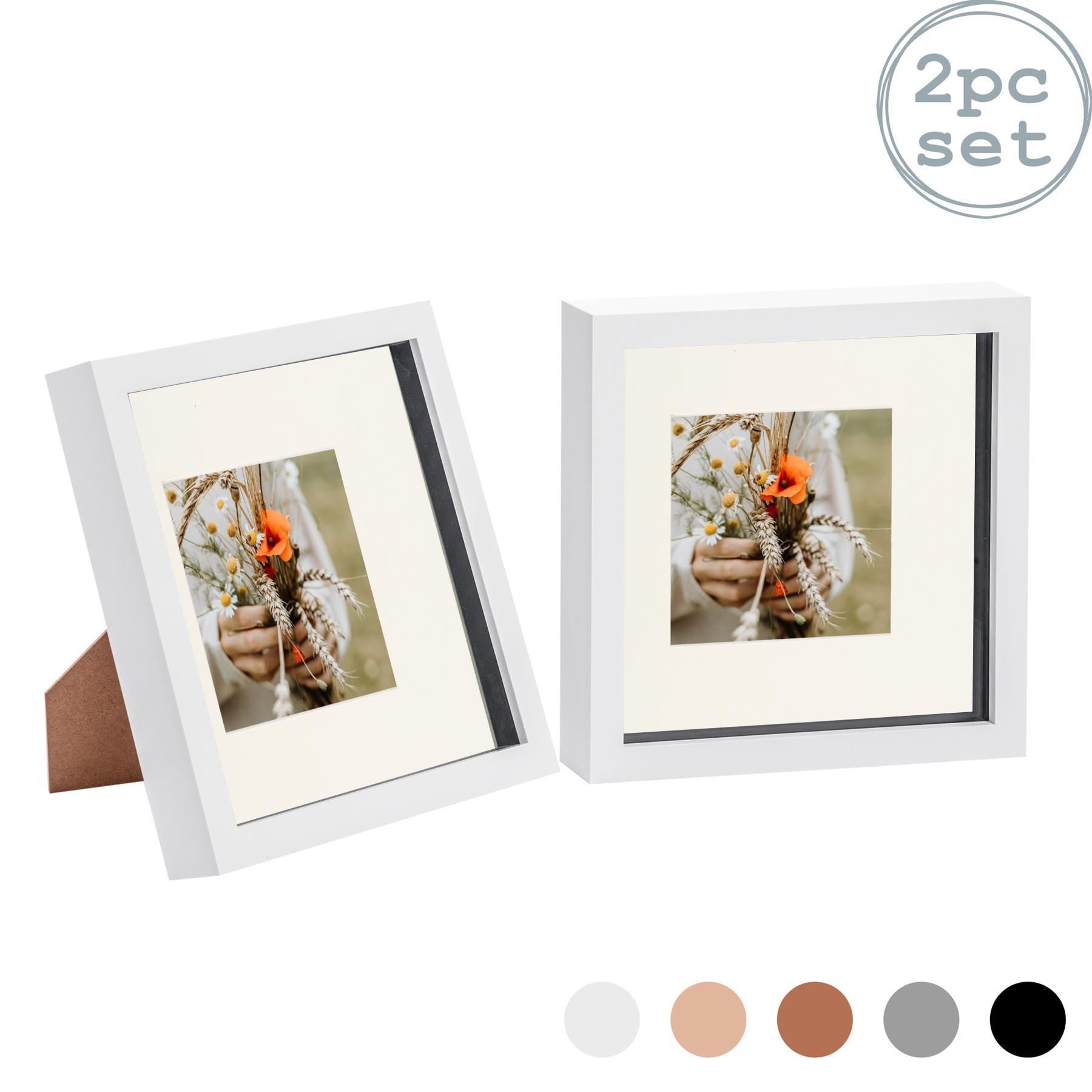 Nicola Spring 3D Box Photo Frames - 8 x 8" with 4 x 4" Mount - White Mount - Pack of 2