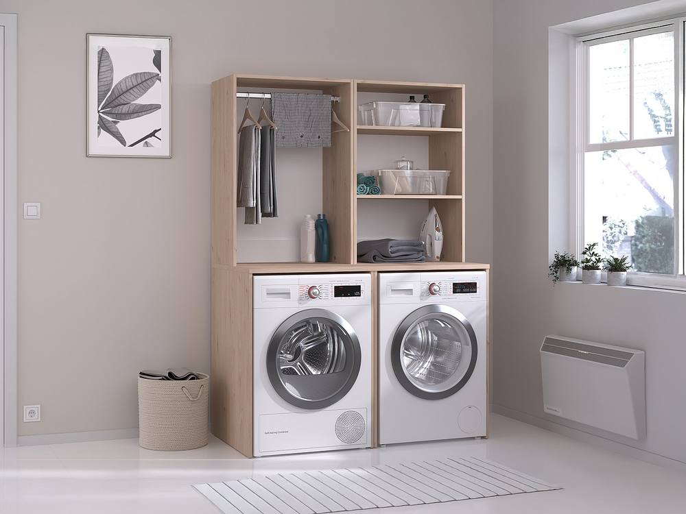 Vente-unique Furniture for 2 Washing Machines With Wardrobe & Shelves - Light in Light Oak