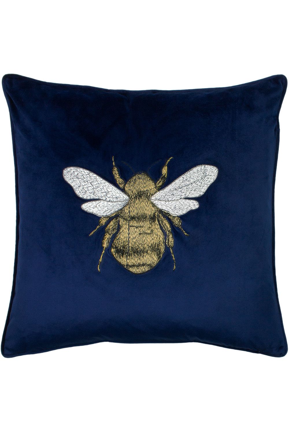 Paoletti Hortus Embroidered Bee Soft Velvet Pipe Trimmed Cushion in Navy
